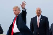 FILE - In this July 10, 2018, file photo, President Donald Trump is joined by Gordon Sondland, ...