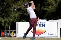 Lanto Griffin tees off on the second hole during the fourth round of the Houston Open golf tour ...