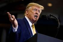 President Donald Trump speaks during a campaign rally at the Lake Charles Civic Center, Friday, ...