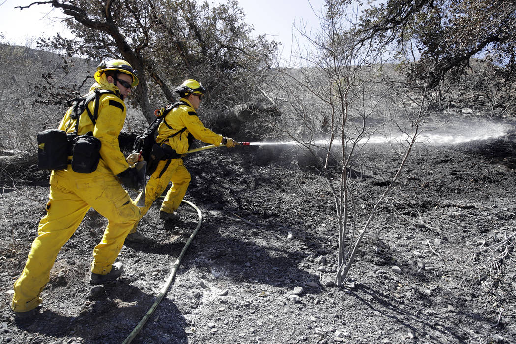 Brett Palmer, left, Anthony Ayala with the South Placer Fire Dept. hose down hot spot from a wi ...