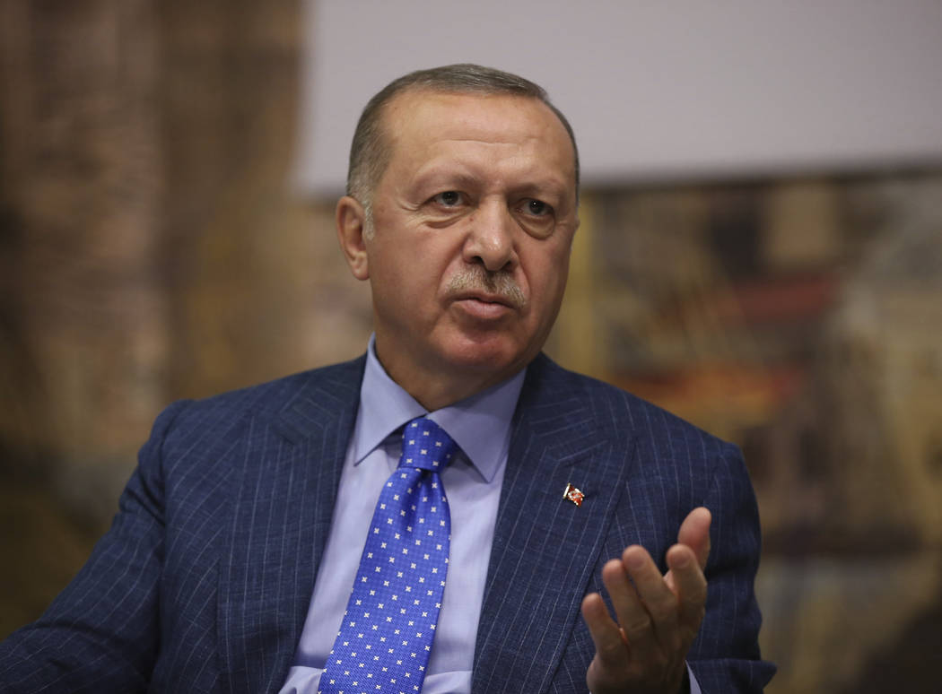 Turkey's President Recep Tayyip Erdogan speaks to Turkish journalists, in Istanbul, Sunday, Oct ...