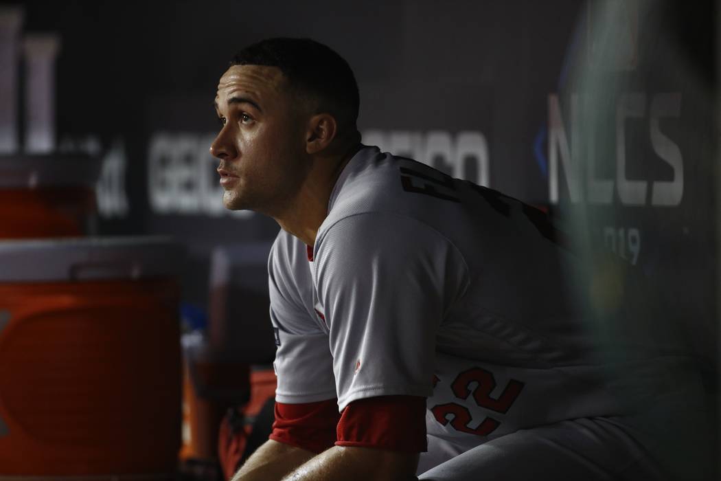 St. Louis Cardinals starting pitcher Jack Flaherty sits in the dugout after the Washington Nati ...