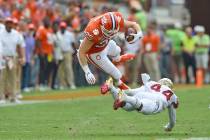 Clemson's J.C. Chalk (25) is upended by Florida State's Brendan Gant during the first half of a ...