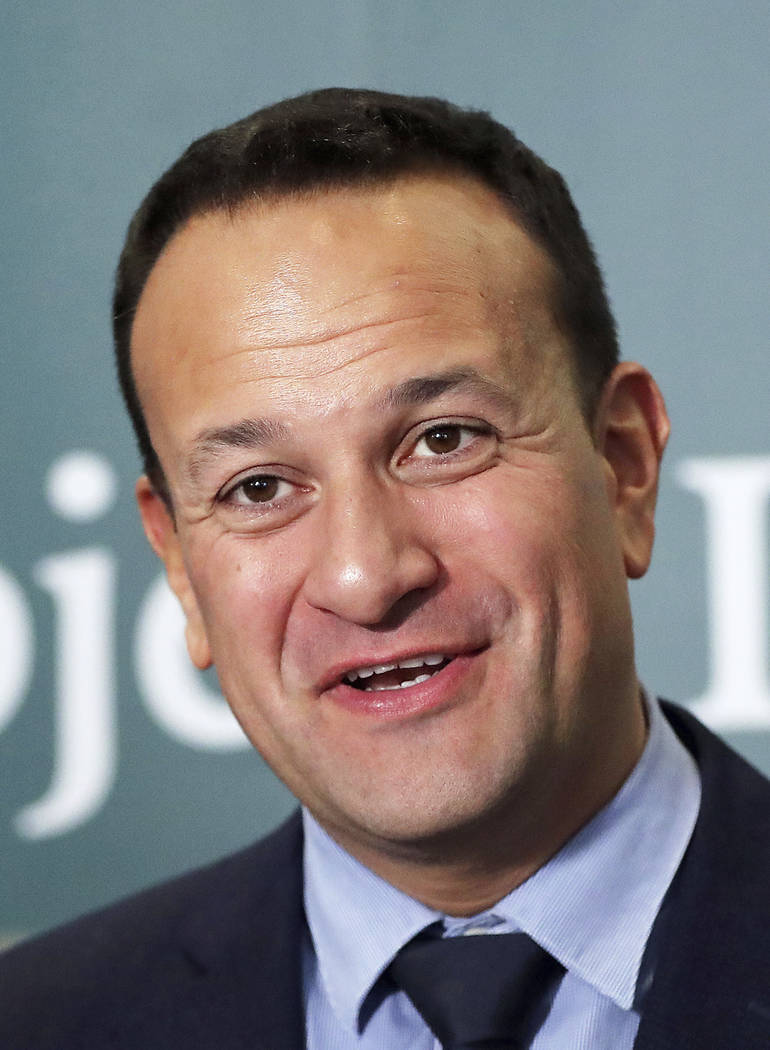 Ireland's Prime Minister Leo Varadkar speaks to the media at Government Buildings in Dublin, Ir ...