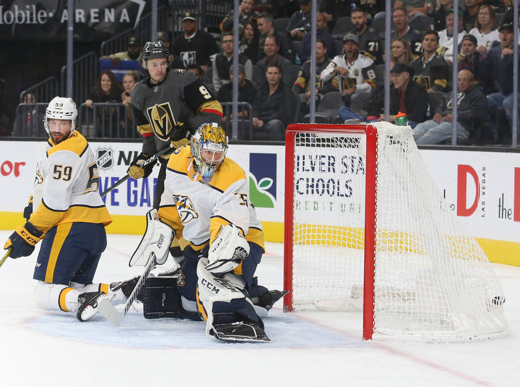 Nashville Predators goaltender Pekka Rinne (35) gives up a goal to Vegas Golden Knights right w ...