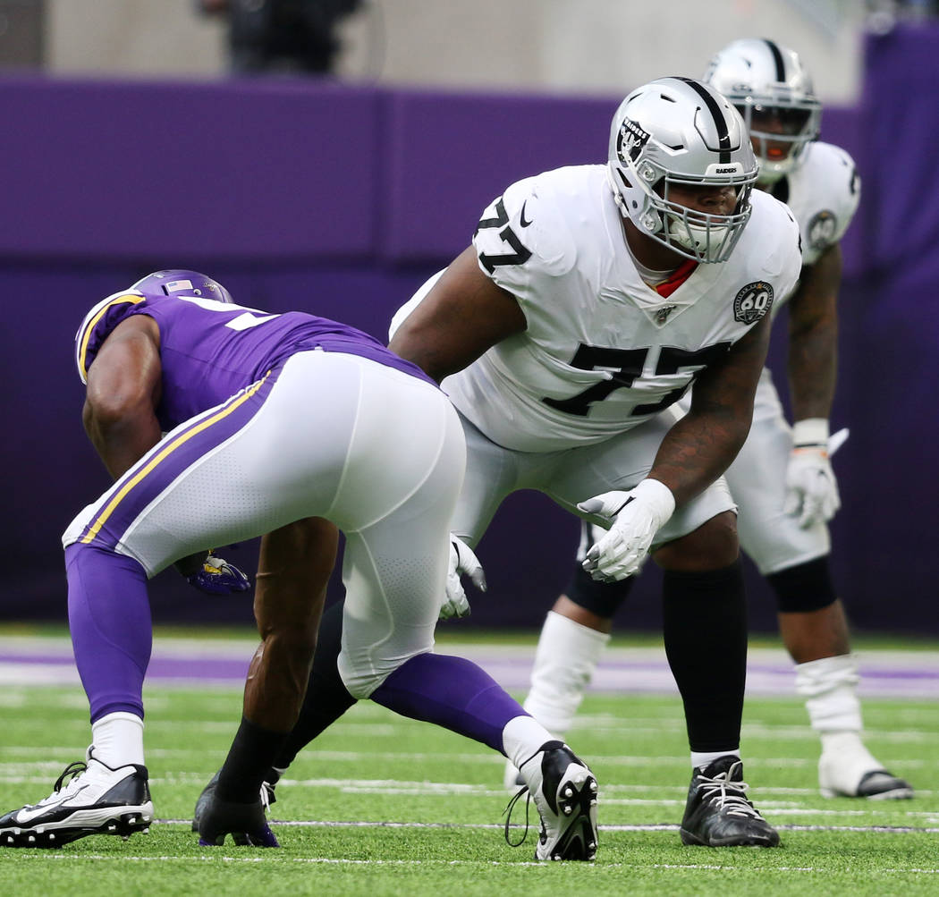 Oakland Raiders offensive tackle Trent Brown (77) sets himself on the line of scrimmage during ...