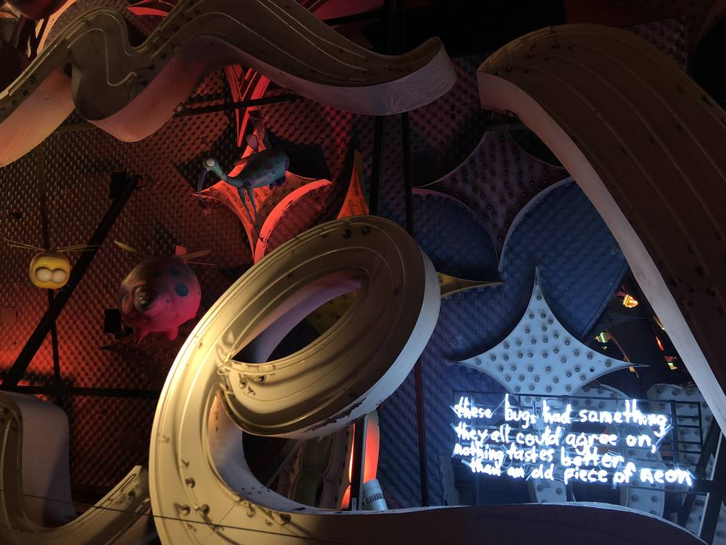 Bugs and a neon sign near the Moulin Rouge marquee at “Lost Vegas: Tim Burton @ The Neon Muse ...