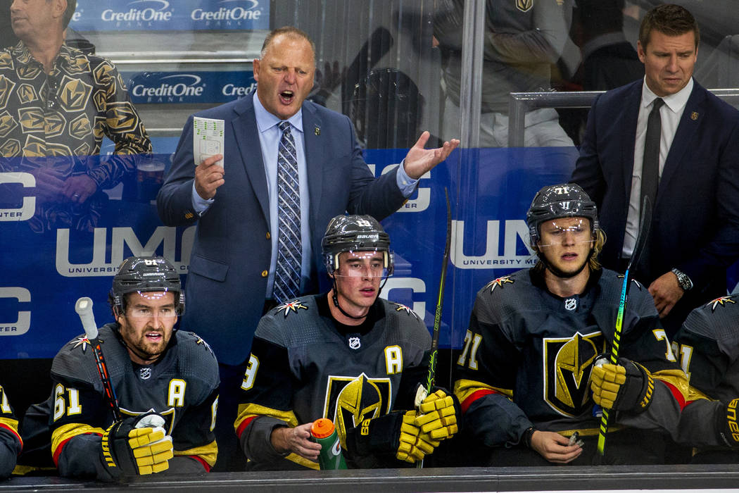 Vegas Golden Knights head coach Gerard Gallant argues a call versus the San Jose Sharks during ...