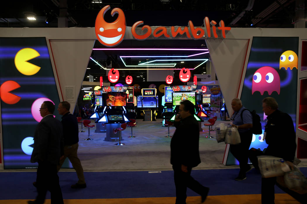 The Gamblit Gaming booth at the 2019 Global Gaming Expo at the Sands Expo and Convention Center ...