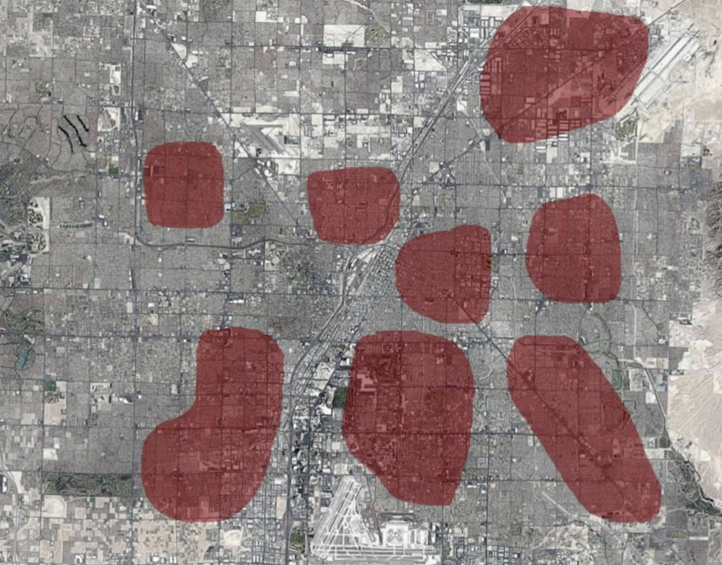 A map created by Las Vegas police shows the expanded coverage areas of ShotSpotter, a gunshot d ...