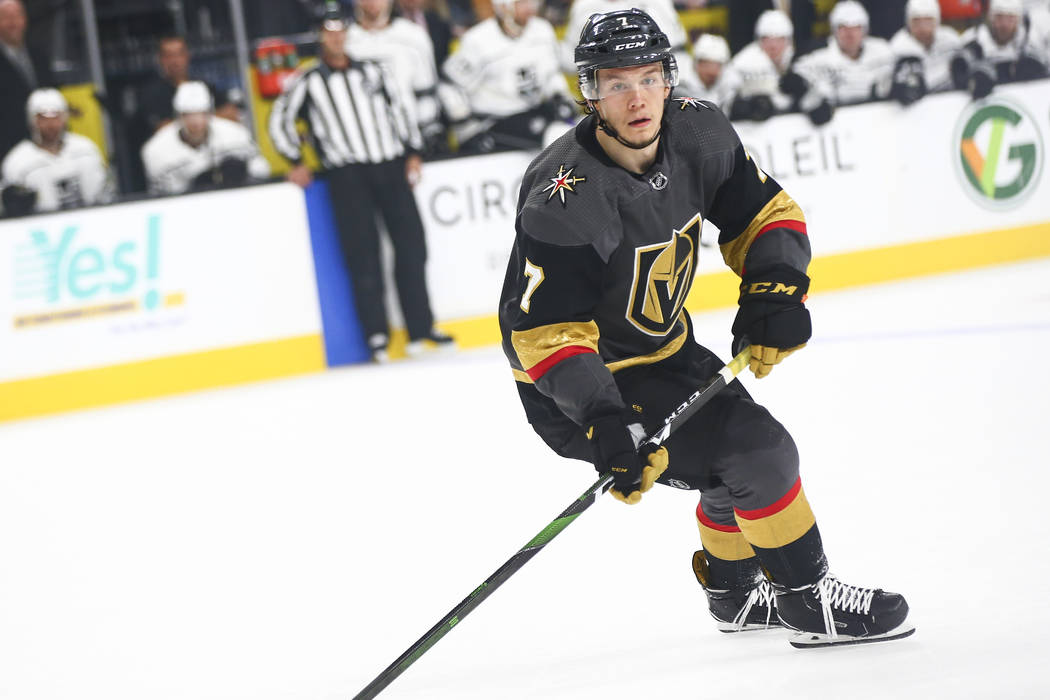 Golden Knights' Valentin Zykov (7) looks on during the first period against the Los Angeles Kin ...