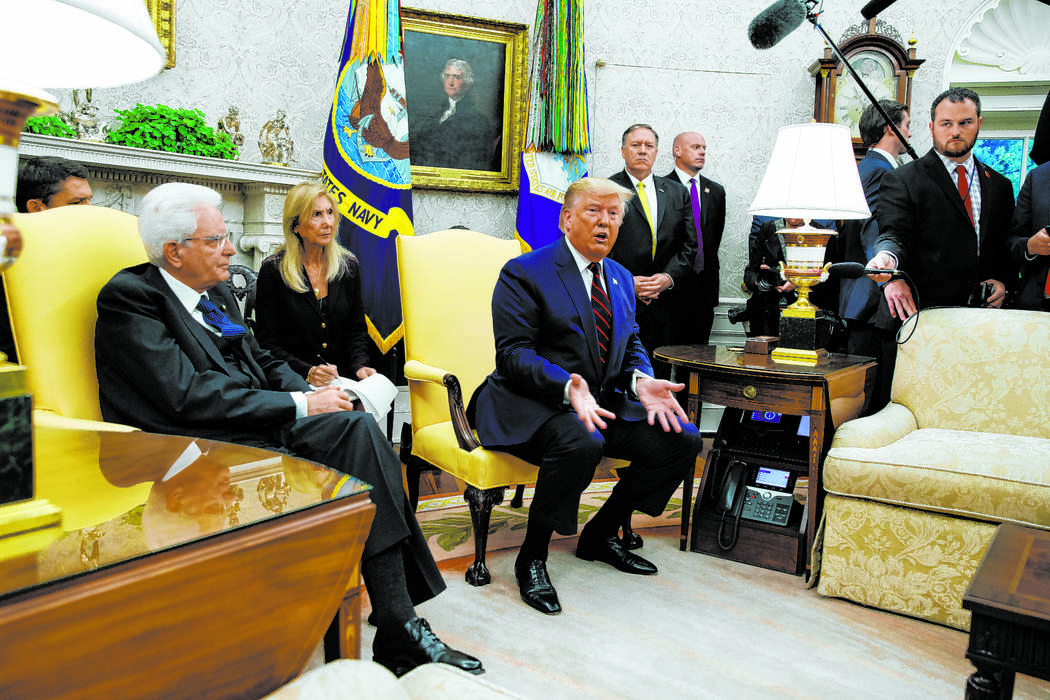 President Donald Trump speaks during a meeting with Italian President Sergio Mattarella in the ...