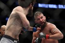 Zabit Magomedsharipov, left, connects a punch against Jeremy Stephens in the featherweight bout ...