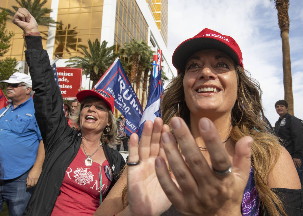 Courtney Koepp of Las Vegas cheers at the March for Trump on Thursday, Oct. 17, 2019, in Las Ve ...