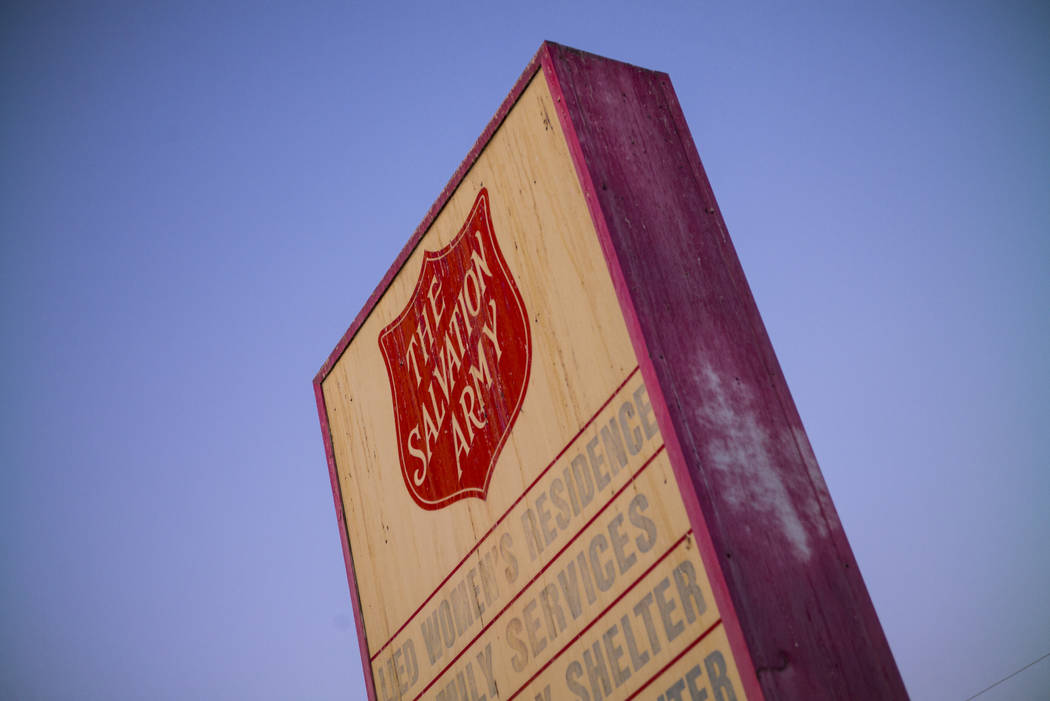 A sign for The Salvation Army homeless shelter near downtown Las Vegas on Tuesday, Oct. 15, 201 ...