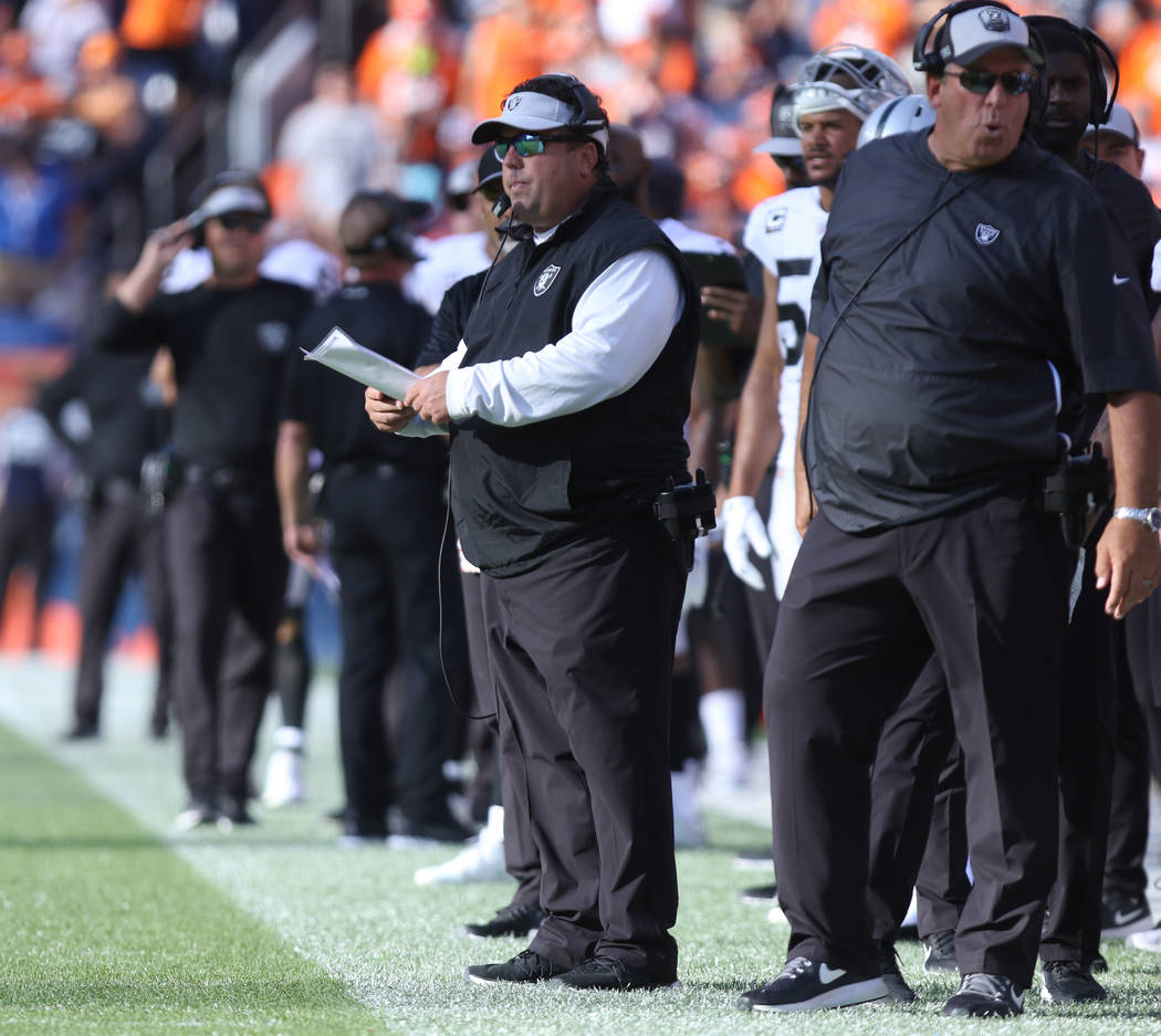 Oakland Raiders defensive coordinator Paul Guenther on the sideline during the second half of t ...