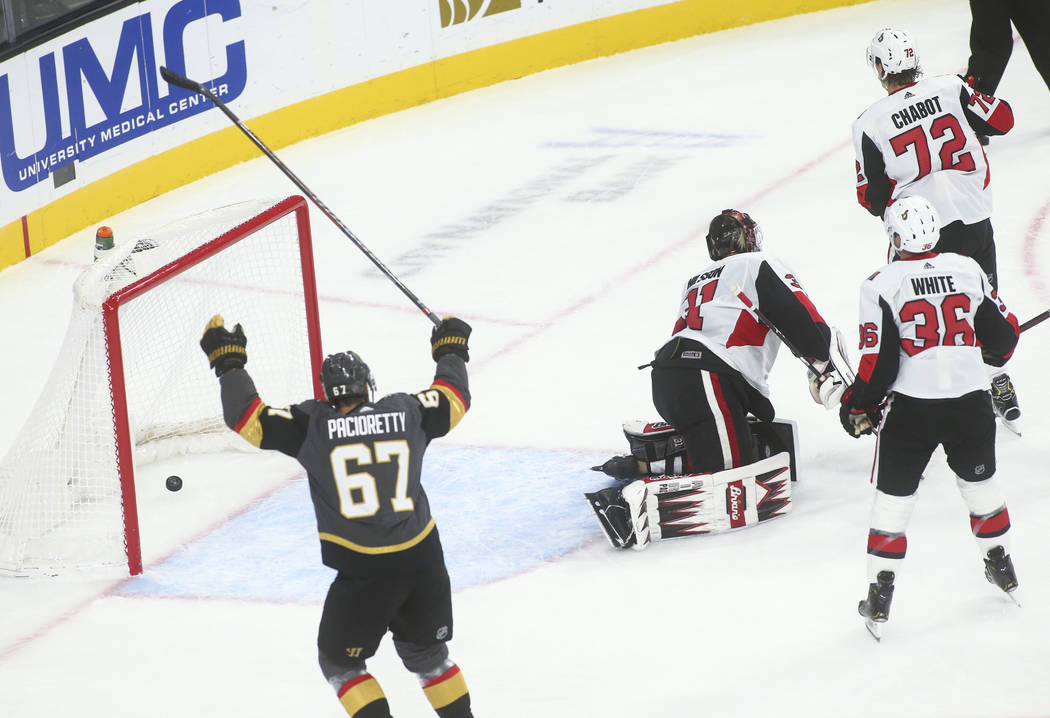 Golden Knights' Max Pacioretty (67) celebrates after a goal against the Ottawa Senators by Gold ...