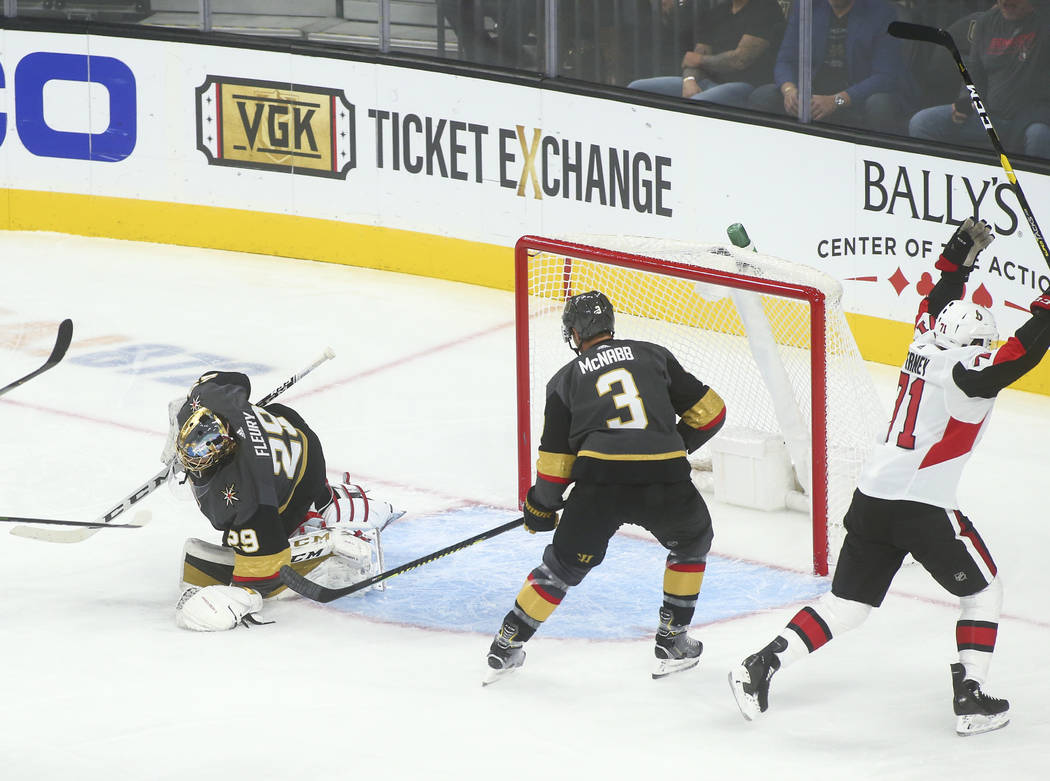 Ottawa Senators' Chris Tierney (71) celebrates after a teammate scored past Golden Knights goal ...