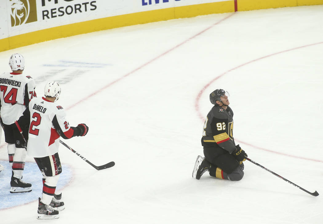 Golden Knights' Tomas Nosek (92) reacts after an attempted goal against the Ottawa Senators dur ...