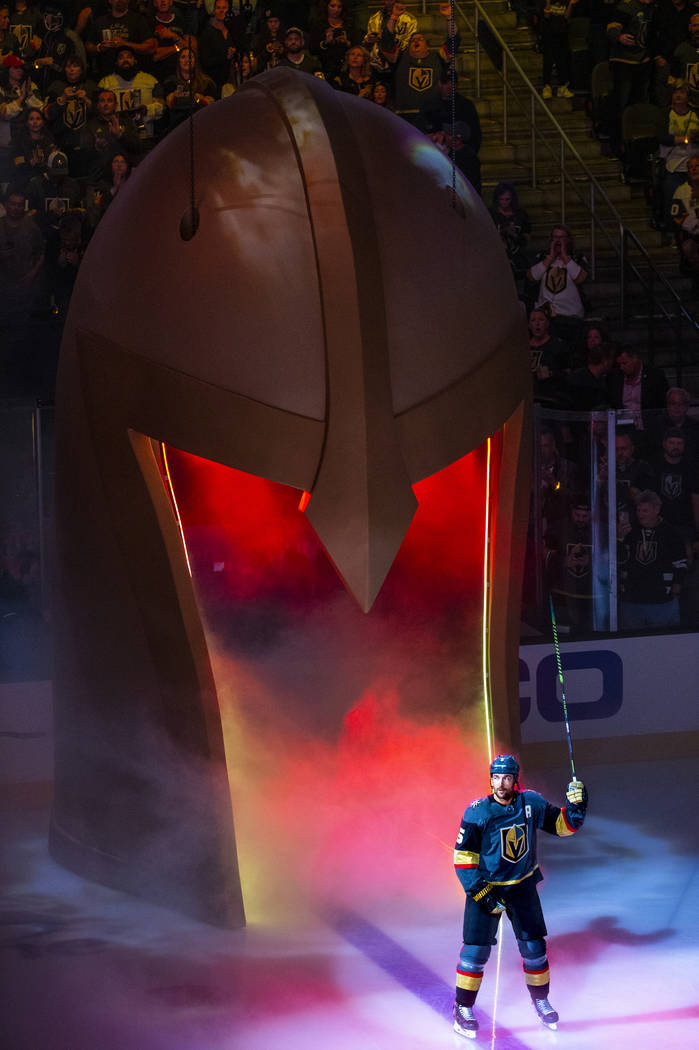 Vegas Golden Knights defenseman Deryk Engelland (5) is introduced to the fans before the start ...