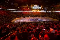 Season 3 starts sign above the crowd and on the ice before the start of the first period of the ...