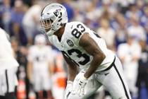 Oakland Raiders tight end Darren Waller (83) on the line of scrimmage during the first half of ...