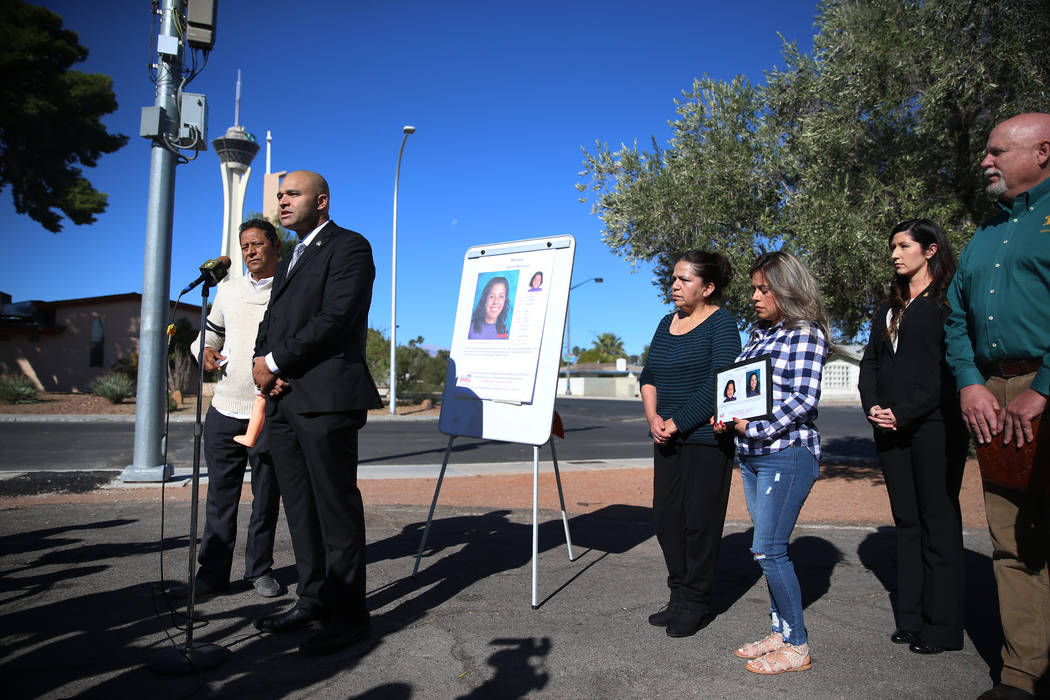 Las Vegas police Lt. Ray Spencer, second from left, speaks during a news conference on Friday, ...