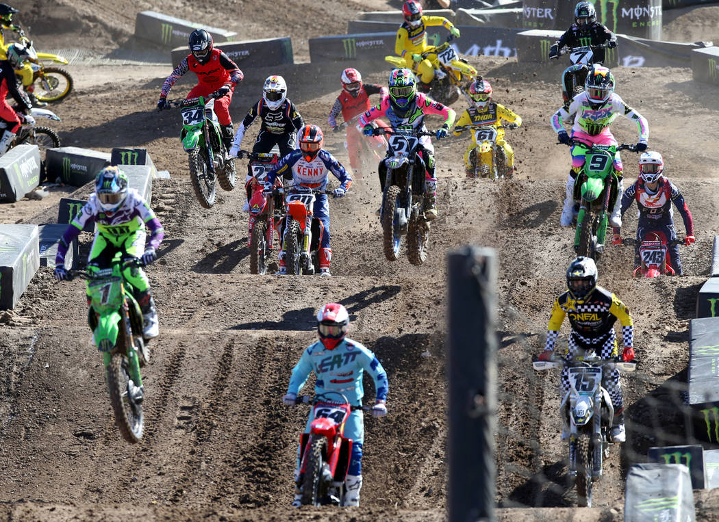 Supercross riders make a test run at Sam Boyd Stadium in Las Vegas Friday, Oct. 18, 2019, ahead ...