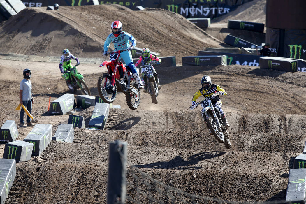 Supercross riders, including Vince Friese (64) of Cape Girardeau, Mo., make a test run at Sam B ...