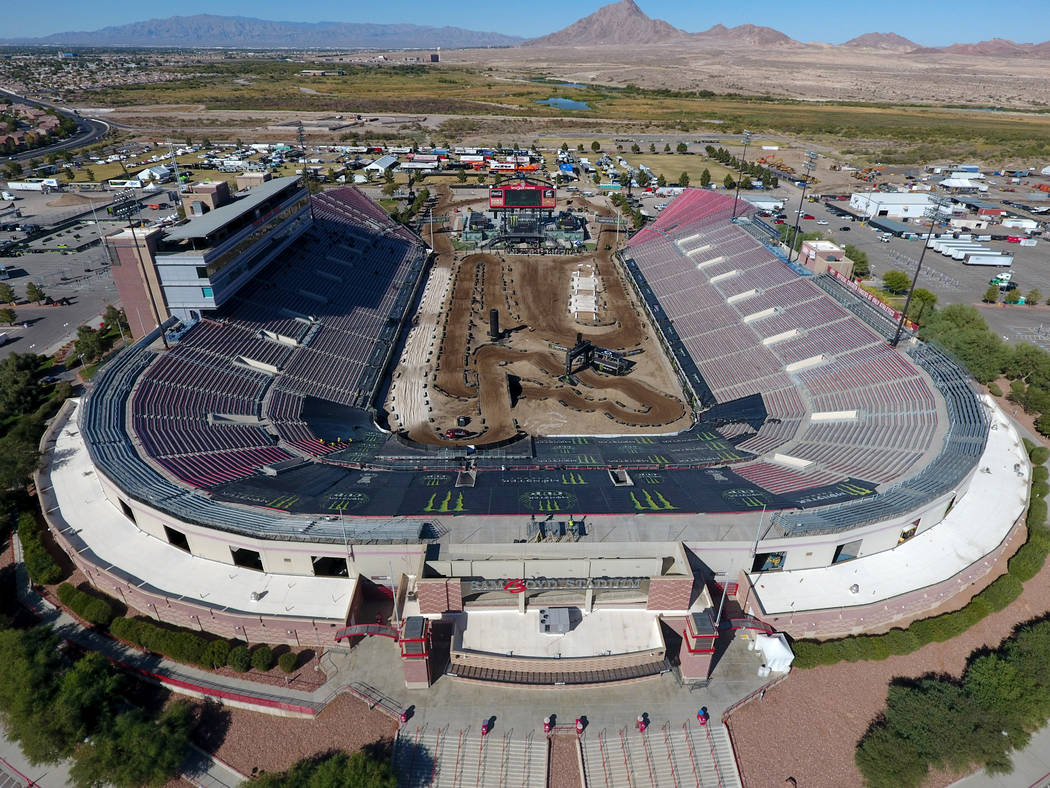Aerial view of Sam Boyd Stadium on Friday, October 18, 2019 where the Monster Energy Cup return ...