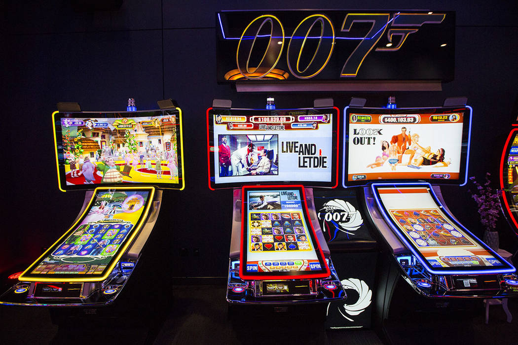A pair of James Bond themed slot cabinets are seen in the Scientific Games showroom in Las Vega ...