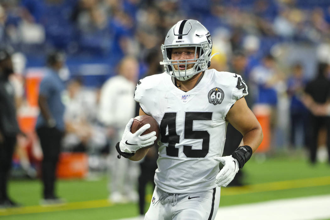 Oakland Raiders running back Alec Ingold (45) before an NFL football game against the Indianapo ...