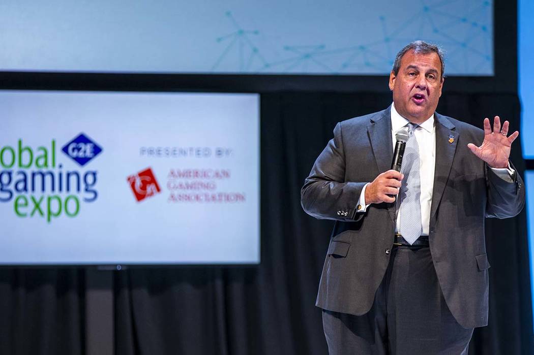Former New Jersey Gov. Chris Christie gives a keynote address to attendees during the Global Ga ...