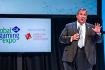 Former New Jersey Gov. Chris Christie gives a keynote address to attendees during the Global Ga ...