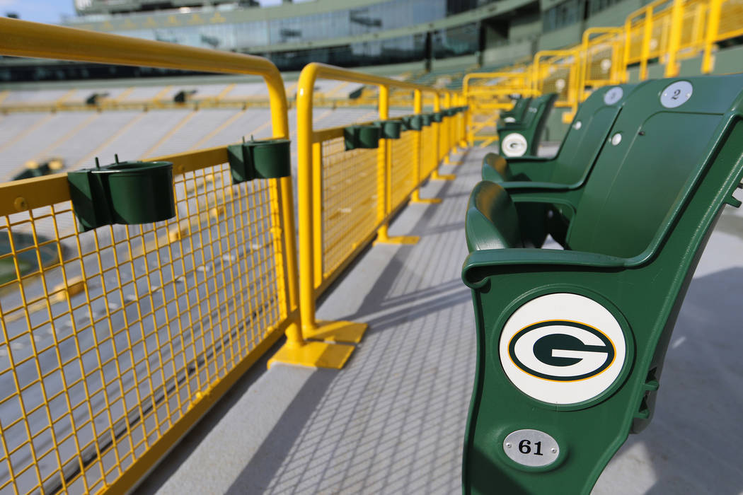 Packer logos are visible throughout Lambeau Field in Green Bay, Wis., Friday, Oct. 18, 2019. (H ...