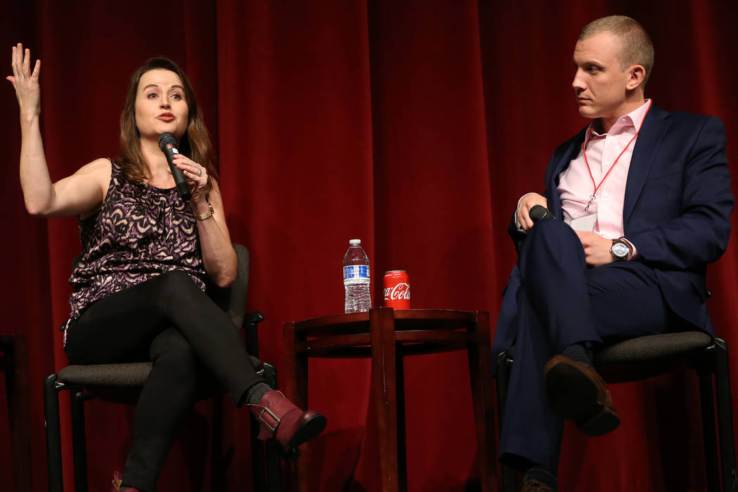 Tim Alberta, right, listens to fellow panelist Christina Bellantoni speak during a panel discus ...