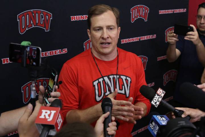 UNLV Rebels head coach T.J. Otzelberger talks to the media after team's first basketball practi ...