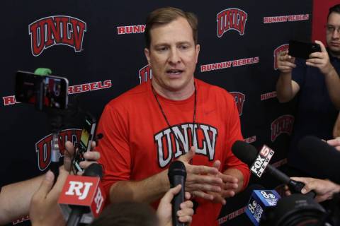 UNLV Rebels head coach T.J. Otzelberger talks to the media after team's first basketball practi ...