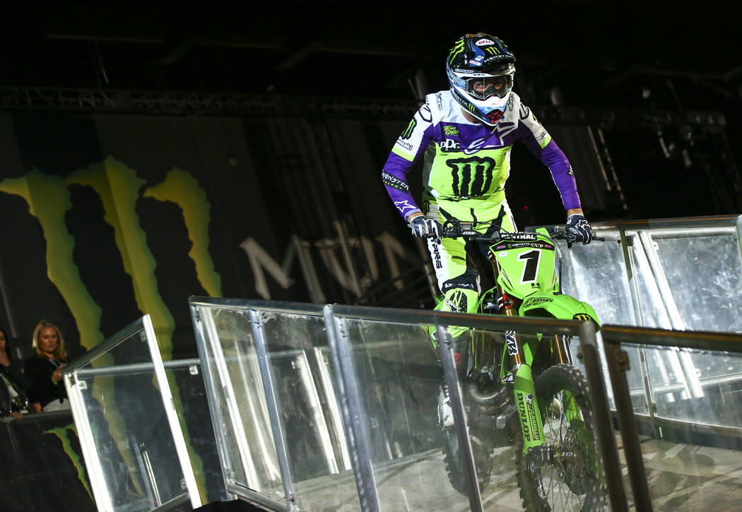 Eli Tomac (1) is introduced during the opening ceremony of the Monster Energy Cup Supercross ma ...
