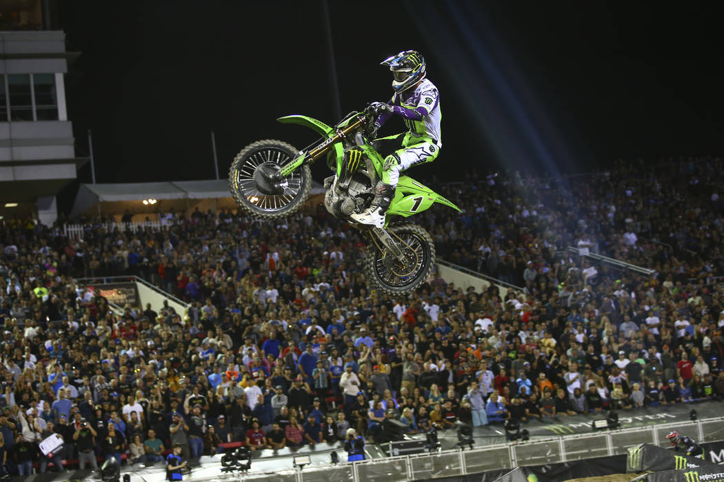 Eli Tomac (1) competes during the first round of the Monster Energy Cup Supercross main event a ...