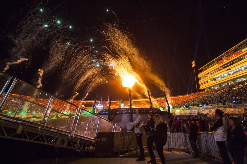 Fireworks go off during the opening ceremony of the Monster Energy Cup Supercross main event at ...