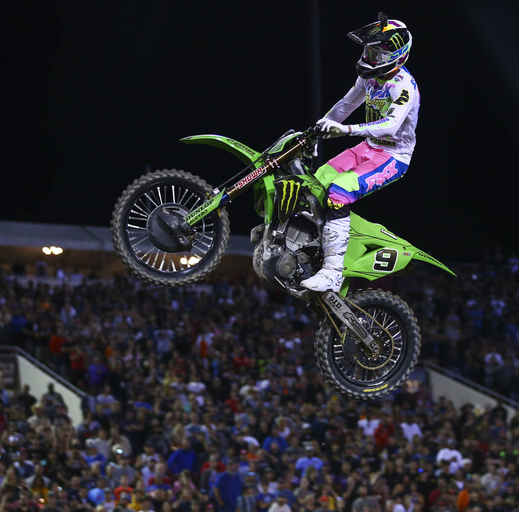 Adam Cianciarulo (9) competes during the first round of the Monster Energy Cup Supercross main ...