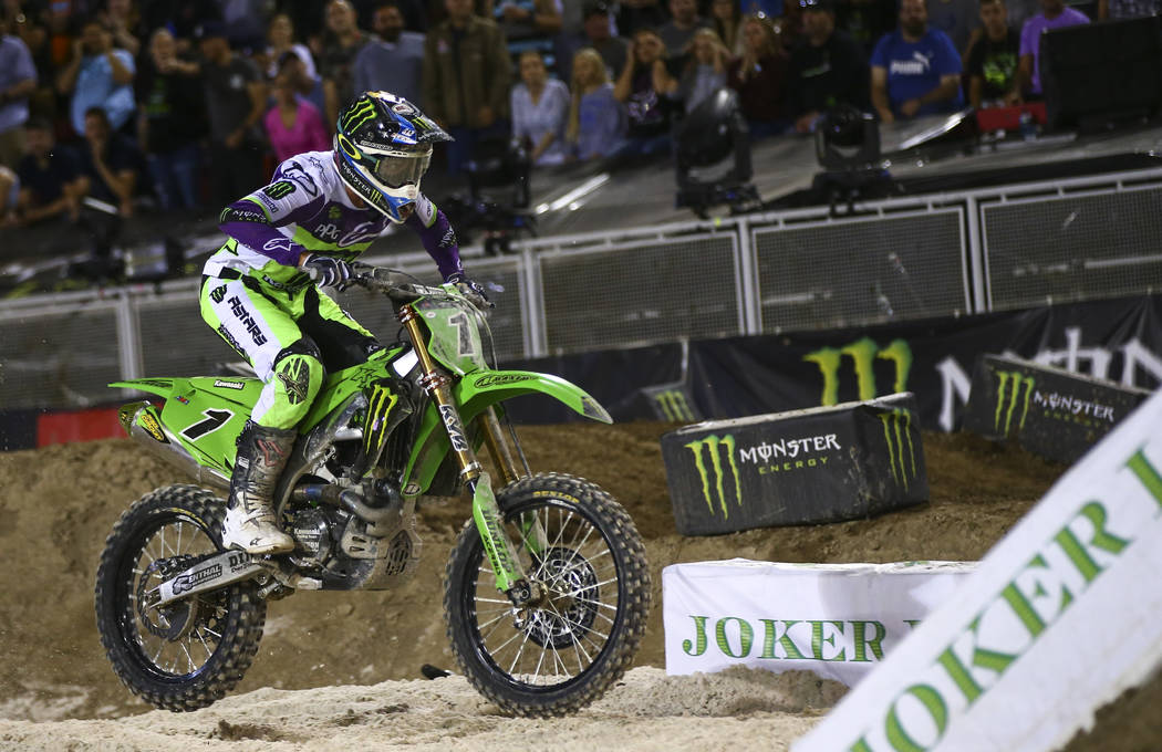 Eli Tomac (1) makes his joker lane lap during the first round of the Monster Energy Cup Supercr ...