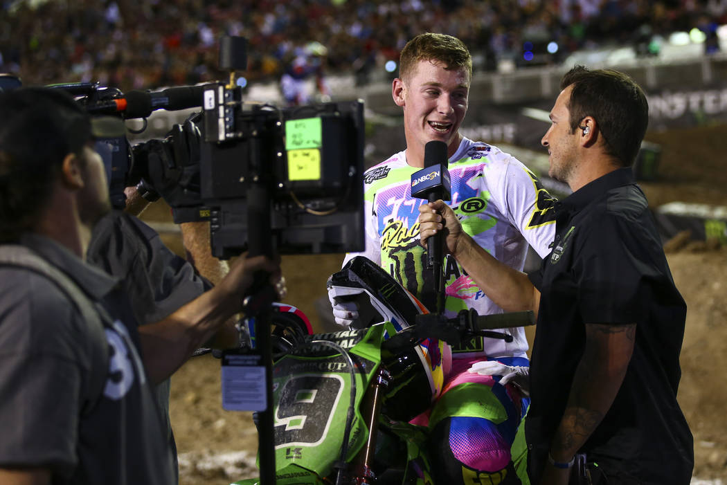 Adam Cianciarulo is interviewed after the first round of the Monster Energy Cup Supercross main ...
