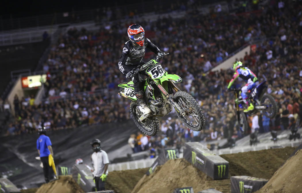 Justin Starling (56) competes during the second round of the Monster Energy Cup Supercross main ...