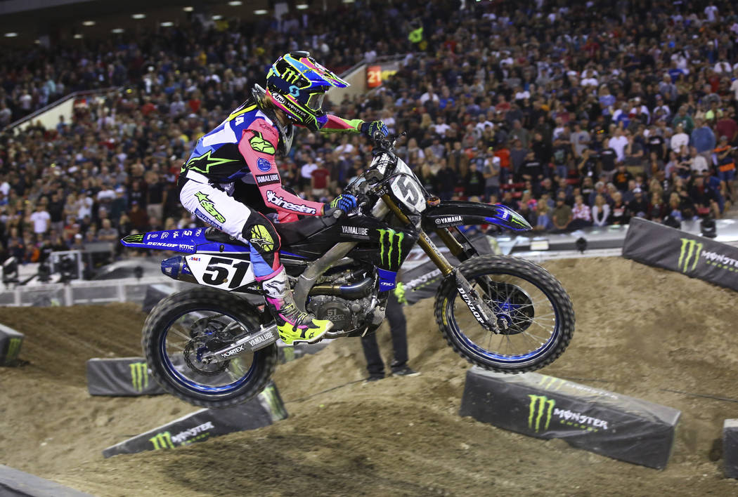 Justin Barcia (51) competes during the second round of the Monster Energy Cup Supercross main e ...