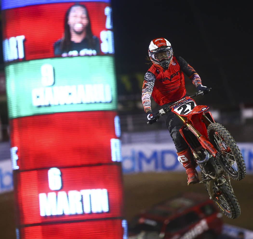 Malcolm Stewart (27) competes during the second round of the Monster Energy Cup Supercross main ...