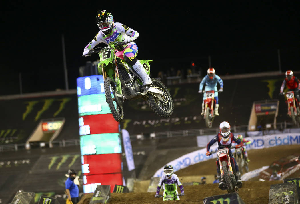 Adam Cianciarulo (9) leads the pack on his way to win the third main event and the overall Mons ...