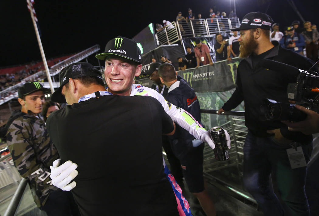 Adam Cianciarulo celebrates after the Monster Energy Cup Supercross race at Sam Boyd Stadium in ...