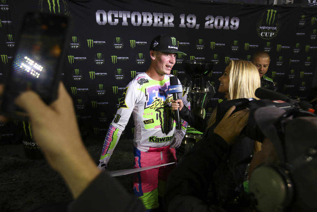 Adam Cianciarulo (9) is interviewed after the Monster Energy Cup Supercross race at Sam Boyd St ...